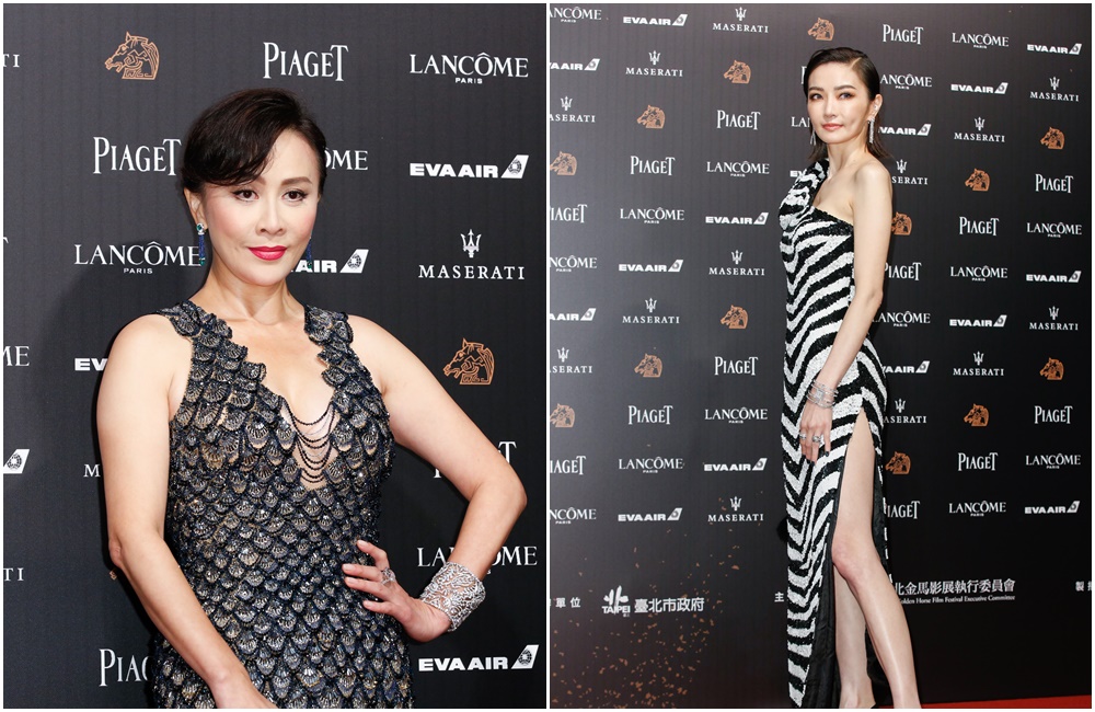 劉嘉玲（左）一襲爆乳魚鱗裝現身，謝金燕（右）則穿上全球唯一一件斑馬紋的MOSCHINO 2019黑白禮服。 