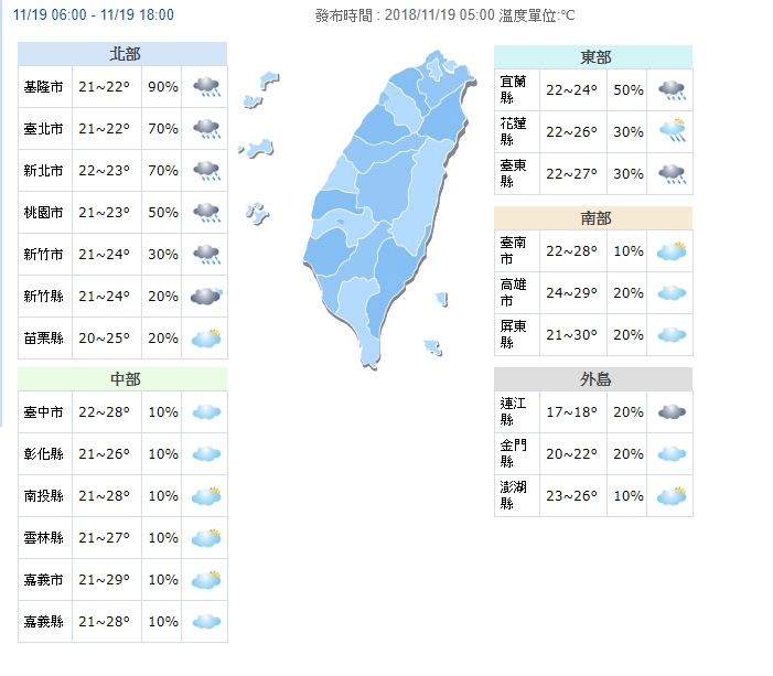 因鋒面影響，北部、東北部有局部短暫雨，中南部多雲為主。（翻攝中央氣象局）