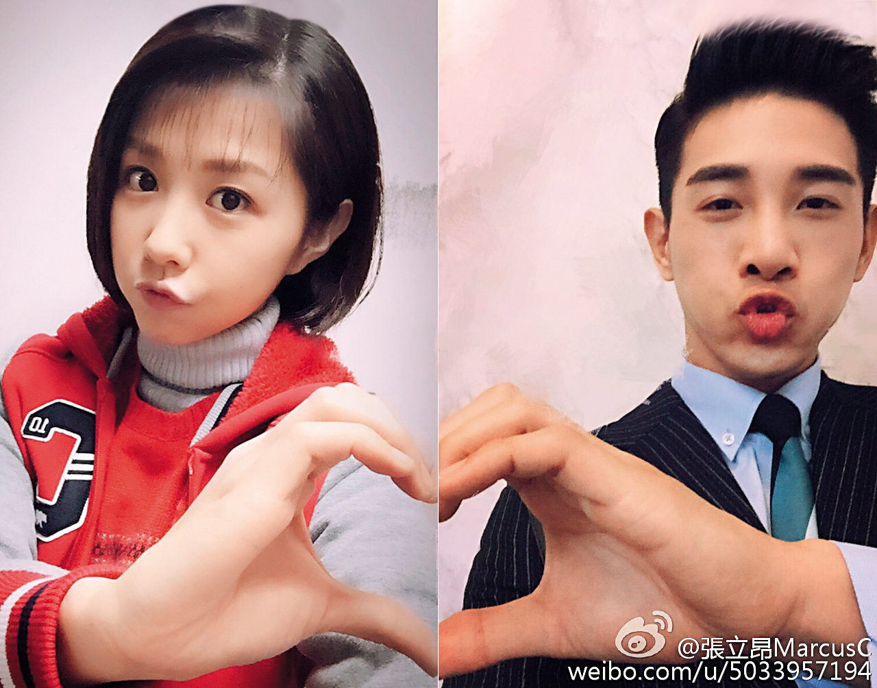 張立昂（右）與邵雨薇（左）演出電視劇《1989一念間》大受歡迎，與邵雨薇在片中被封為「澈真CP」。（翻攝自張立昂微博）