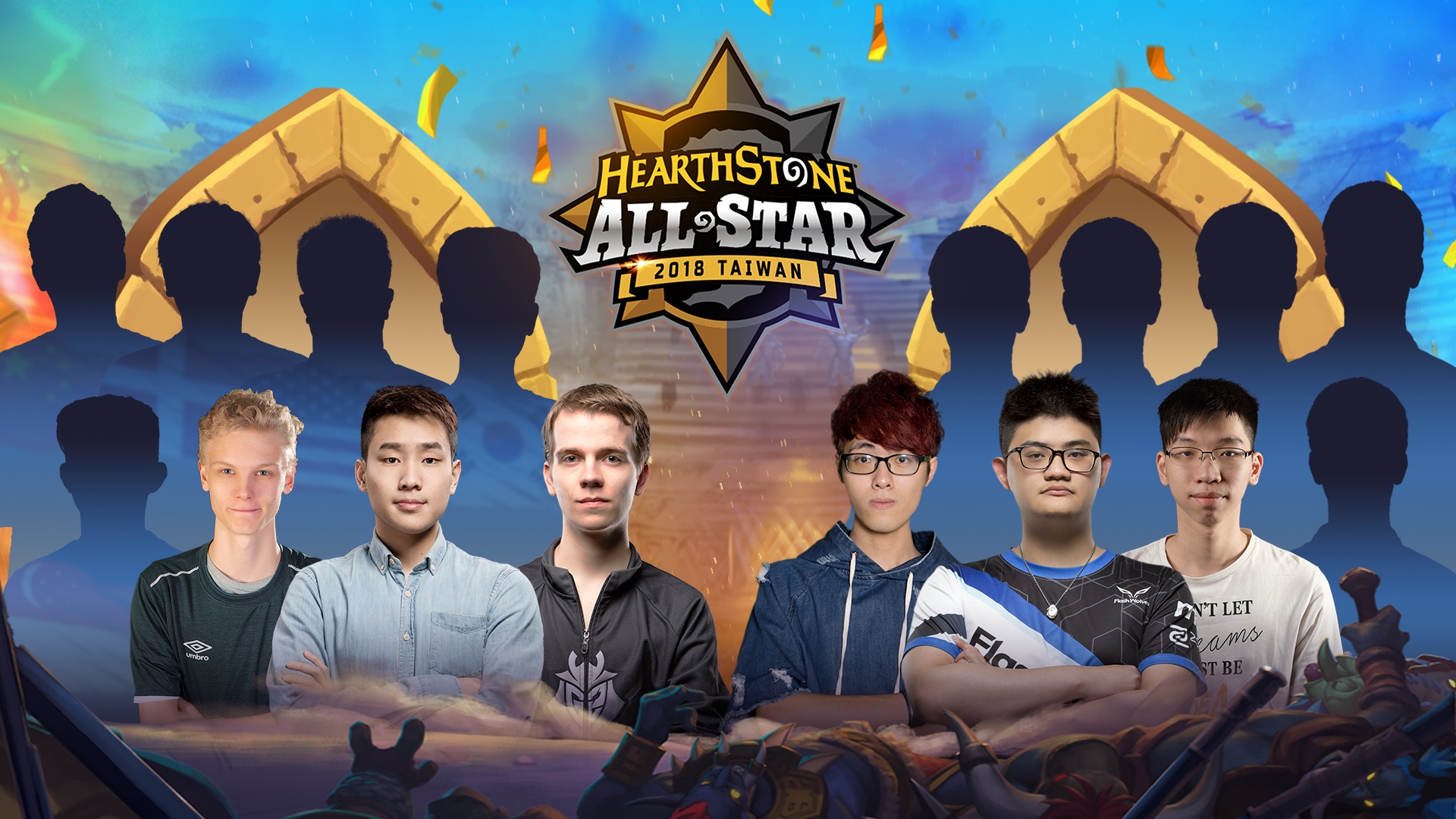 2018《爐石戰記》全明星賽6位確定參賽的選手，由左至右為挪威Hunterace、美國fr0zen、荷蘭Thijs以及台港澳「三冠王」台灣Virutal、台灣tom60229、香港Kin0531。（暴雪娛樂提供）