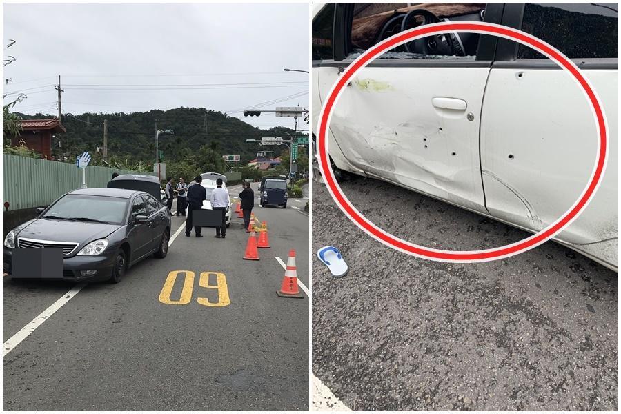 警方為追捕逃犯共開了22槍,潘嫌的白車上滿滿都是彈孔。(翻攝畫面)
