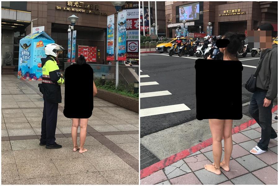 女子全裸唱歌引發路人側目，後被警方帶回。（翻攝畫面）