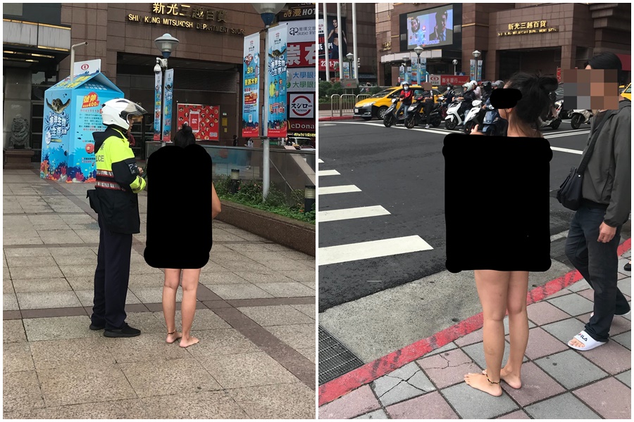 女子全裸唱歌引發路人側目，後被警方帶回。（翻攝畫面）