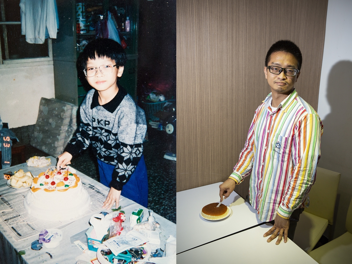 舊照（左圖）裡的是劉靈均生日時，父親幫他拍下的照片，理應快樂的記憶，但他全忘記了。新照（右圖）裡，他穿著隱含同志運動代表色的上衣，重現當年的姿勢。