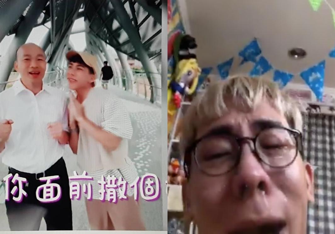 網紅林進因為和反同背景的韓國瑜拍攝影片，被網友攻擊「是同志的毒瘤」，讓他崩潰在凌晨開直播。（合成照片，左為網路照片，右截圖於林進直播）