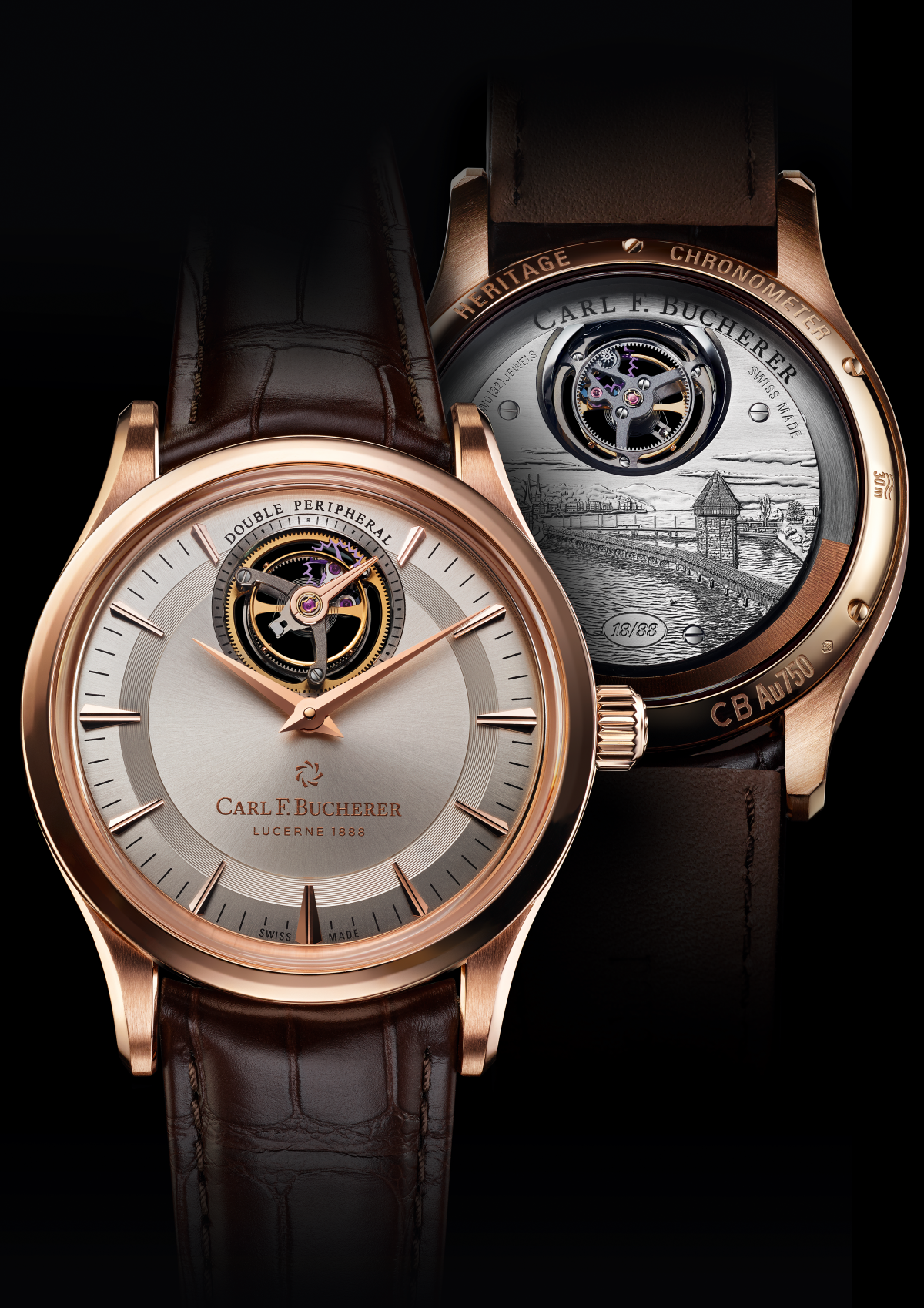 寶齊萊 Heritage Tourbillon Double Peripheral Limited Edition 雙外緣陀飛輪「傳承系列限量款」，錶背機芯夾板上做手工金雕，外緣式自動擺陀以22k金材質製作，限量88只，售價未定。