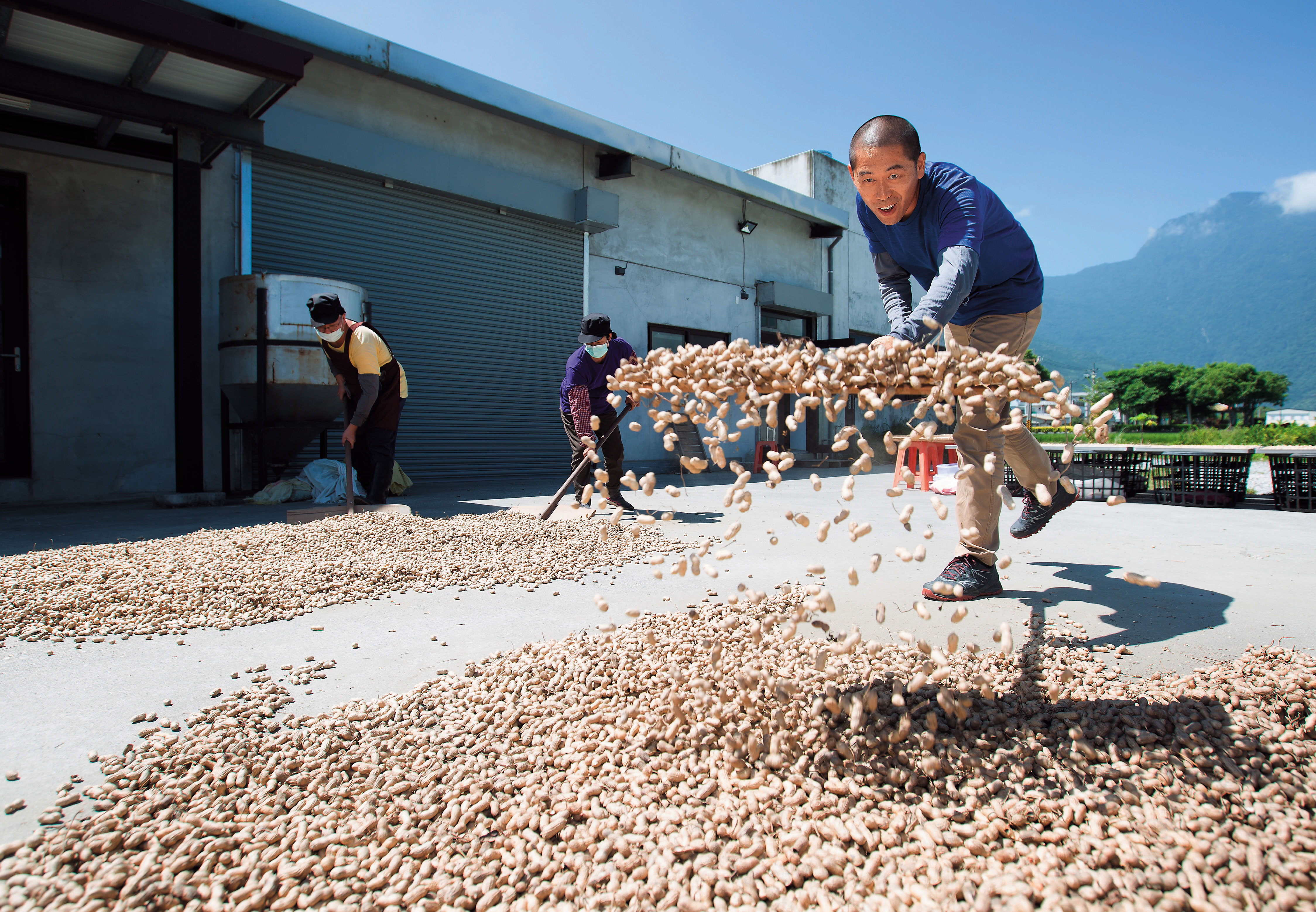 9年前，從事藝術攝影的鍾順龍（右1），回到花蓮向母親學炒花生。