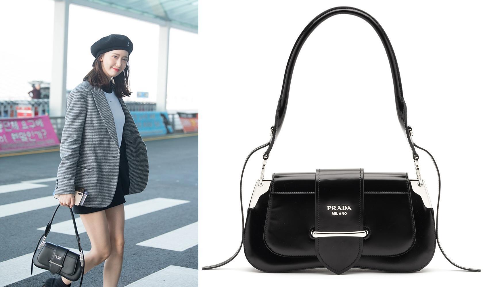 潤娥自仁川機場飛至台灣時，手上拎著的是PRADA 2019早春全新Icon包款Sidonie系列。〈合成圖片，左圖翻攝自FashionN網站、右圖品牌提供〉
