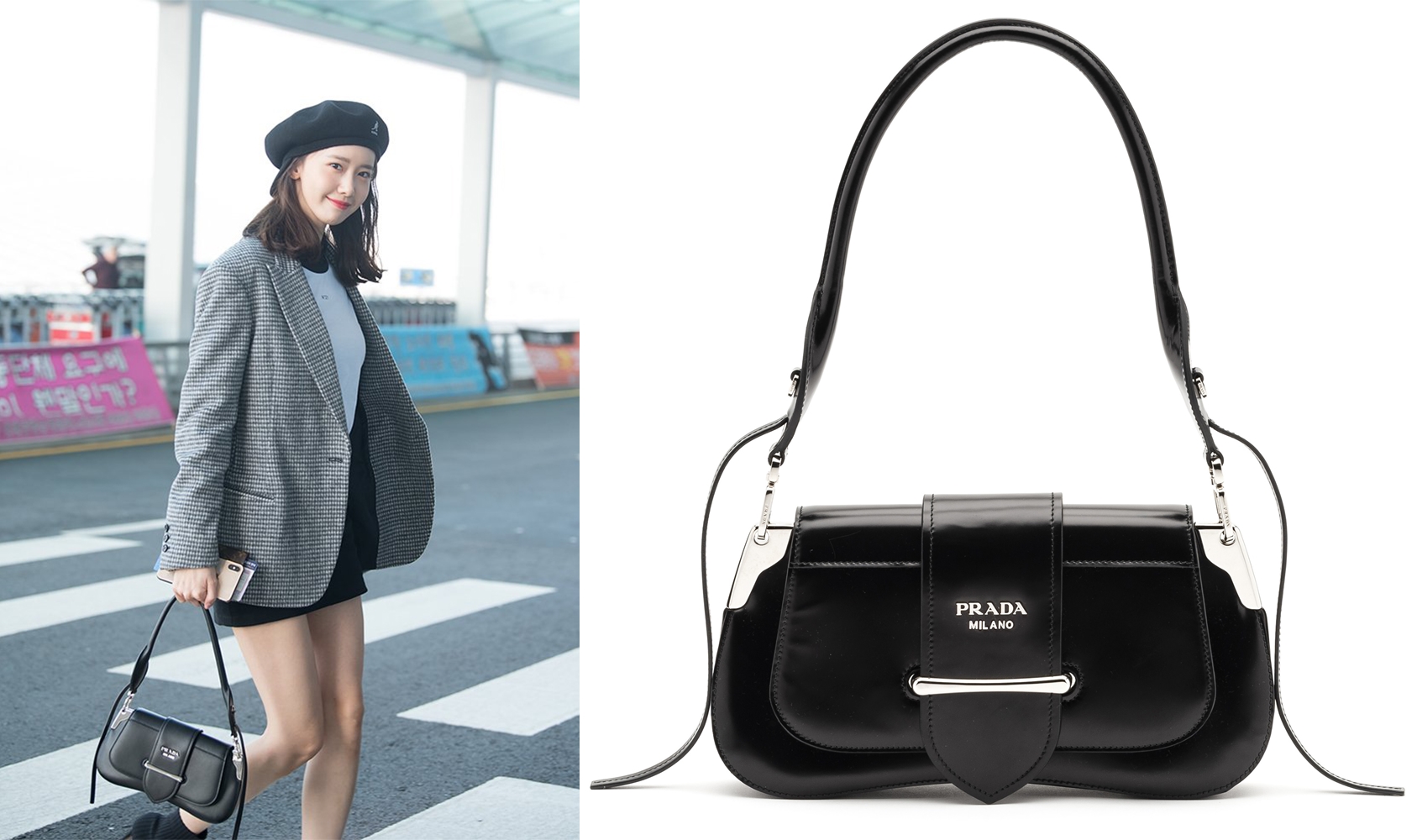 潤娥自仁川機場飛至台灣時，手上拎著的是PRADA 2019早春全新Icon包款Sidonie系列。〈合成圖片，左圖翻攝自FashionN網站、右圖品牌提供〉