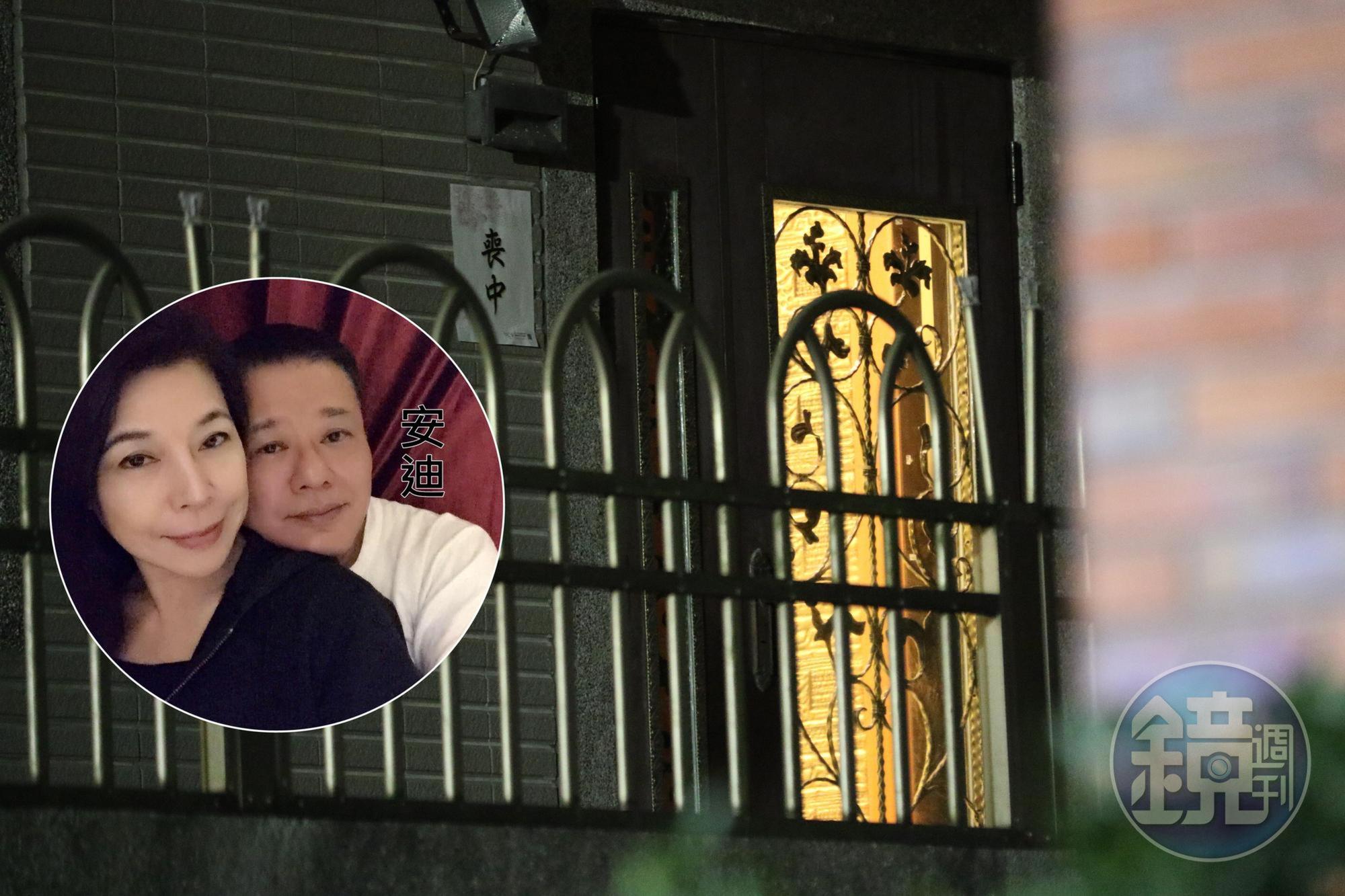 本名林富進的藝人安迪(左)家門口掛上「忌中」,家屬證實安迪過世,享年57歲。圓圖為安迪與妻子阿娥合照。(翻攝自安迪臉書)
