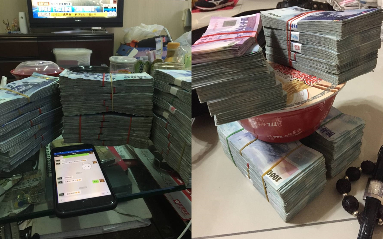 孫嫌有次肚子餓煮泡麵，竟將賣毒所得的3百萬現金，綁成一綑綑直接壓在泡麵上炫富。（調查局提供）