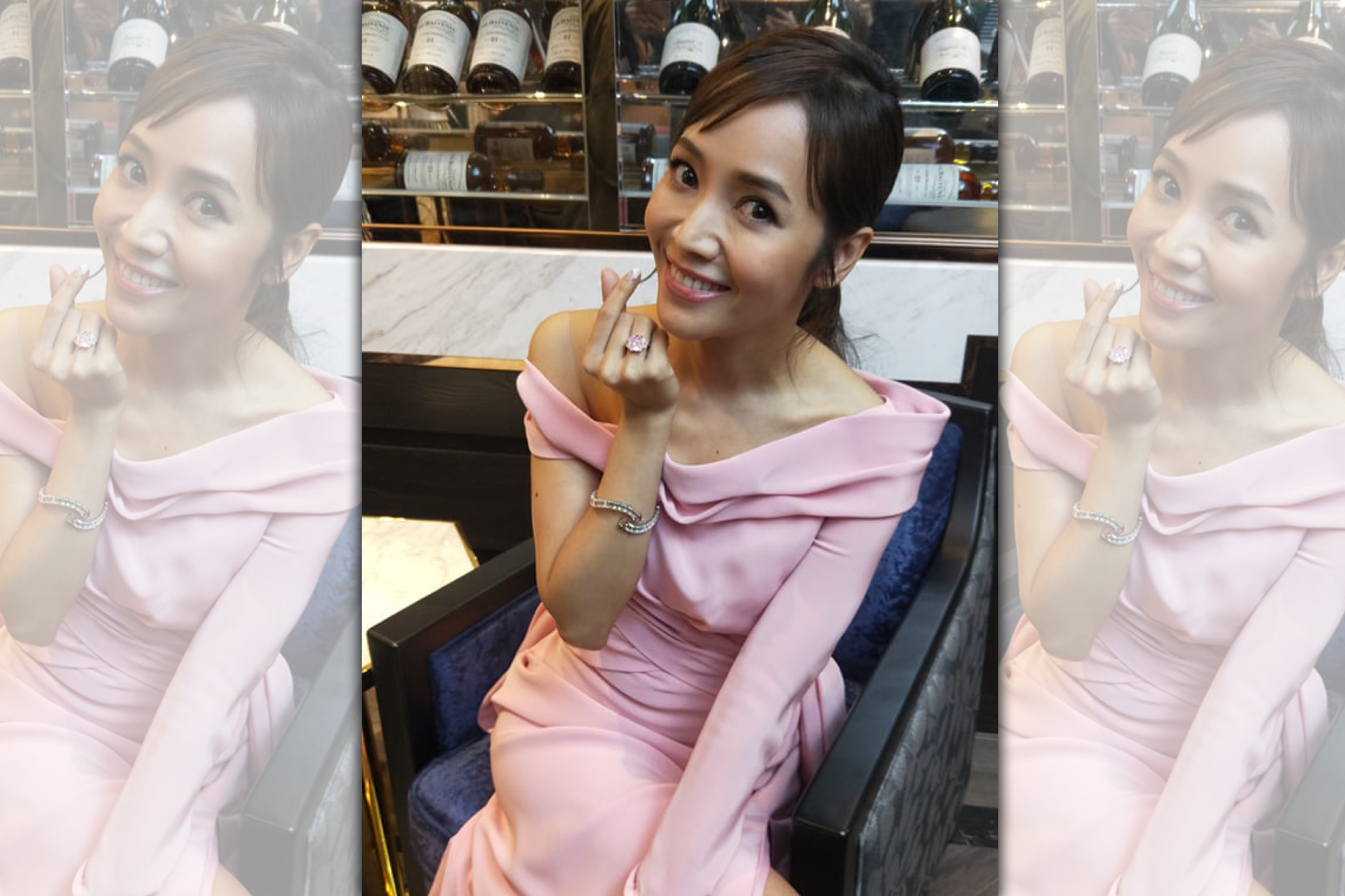 侯佩岑手戴市價5.5億的8.5克拉濃彩粉紅鑽石婚戒，出席ALUXE亞立詩婚戒展活動。