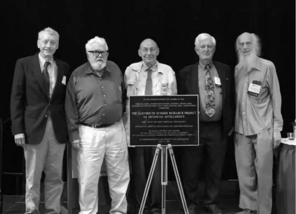 圖 | 2006年，會議五十年後，當事人重聚達特茅斯。左起：摩爾、麥卡錫、明斯基、賽弗裡奇、所羅門諾夫（來源：網路）