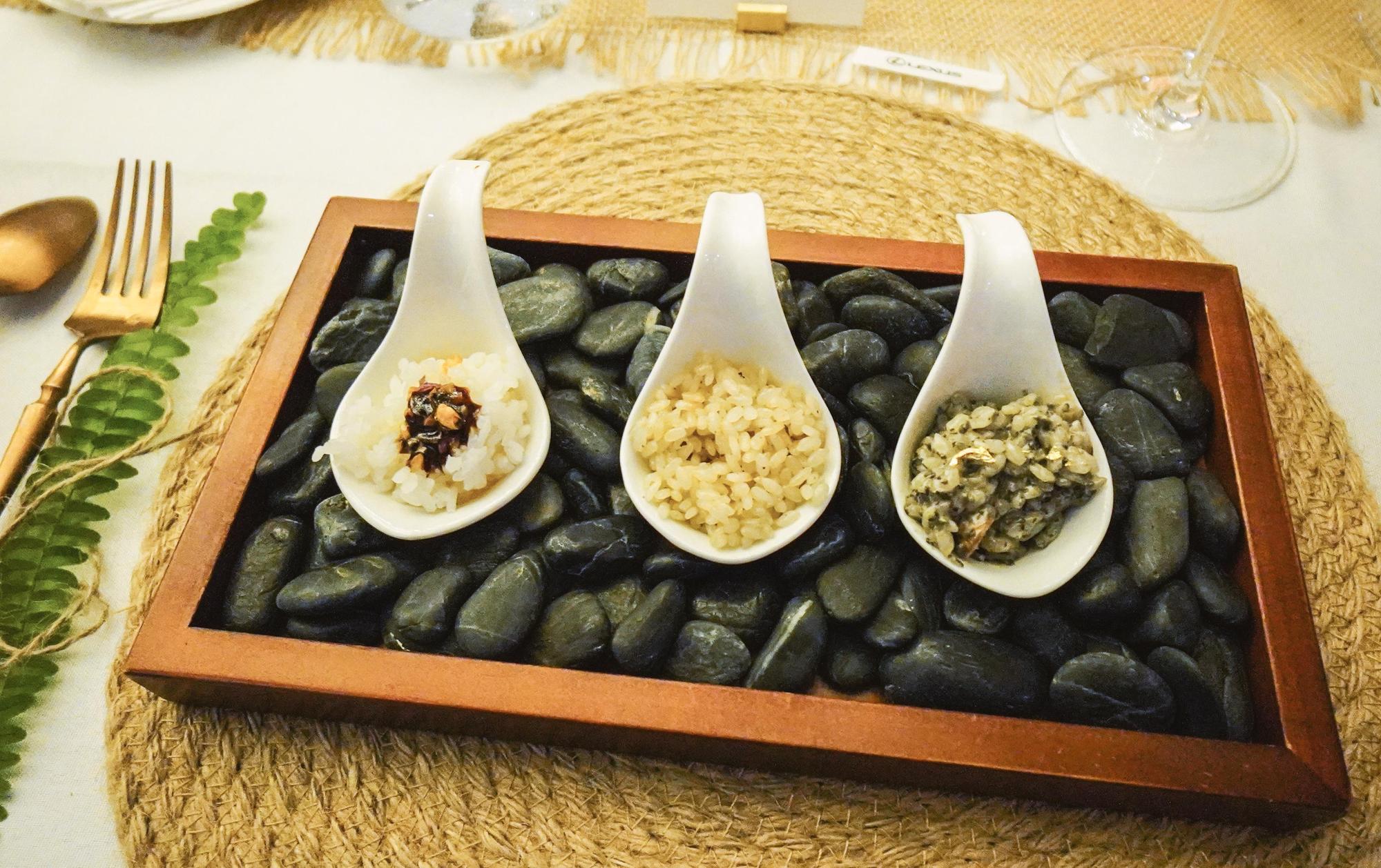 「品飯三款點點金」一道三味、一重三疊。