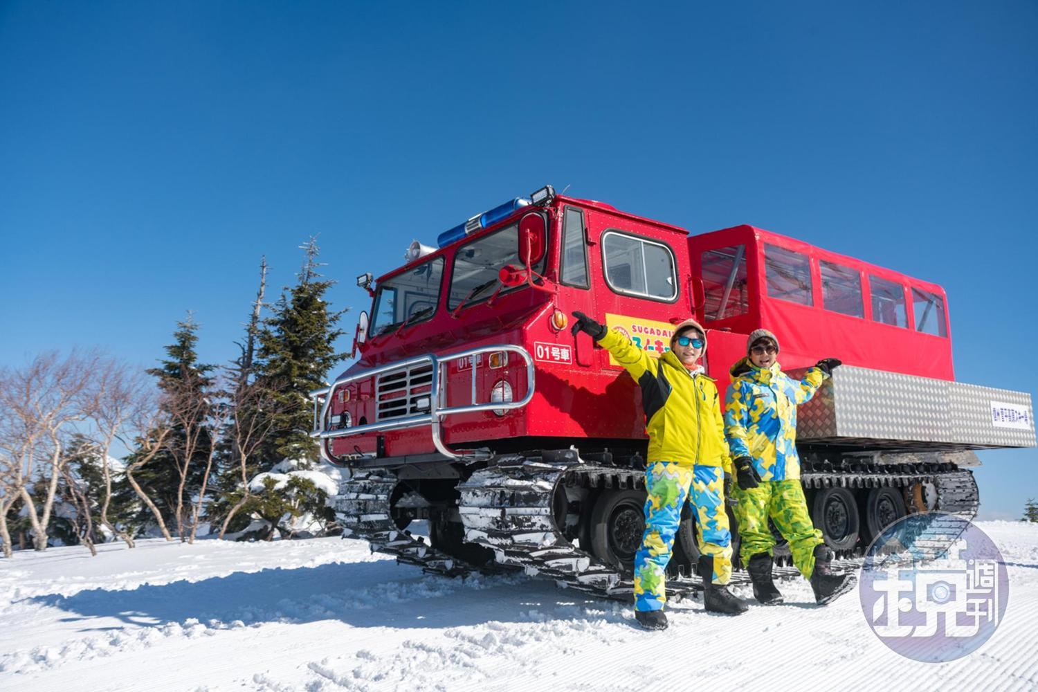 在菅平高原可搭乘俗稱「雪貓Swon Cat」的雪地履帶車，輕鬆攀上根子岳山頂。