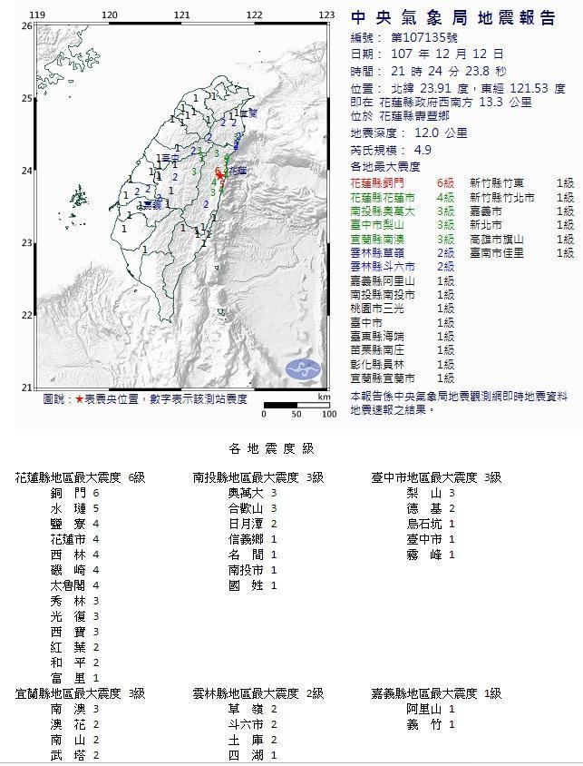 花蓮今發生一起規模約4.9的地震,震央於壽豐鄉。(翻攝自中央氣象局)