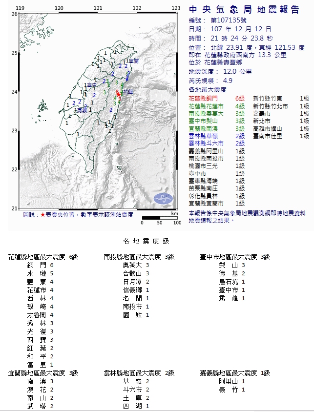 花蓮今發生一起規模約4.9的地震，震央於壽豐鄉。（翻攝自中央氣象局）