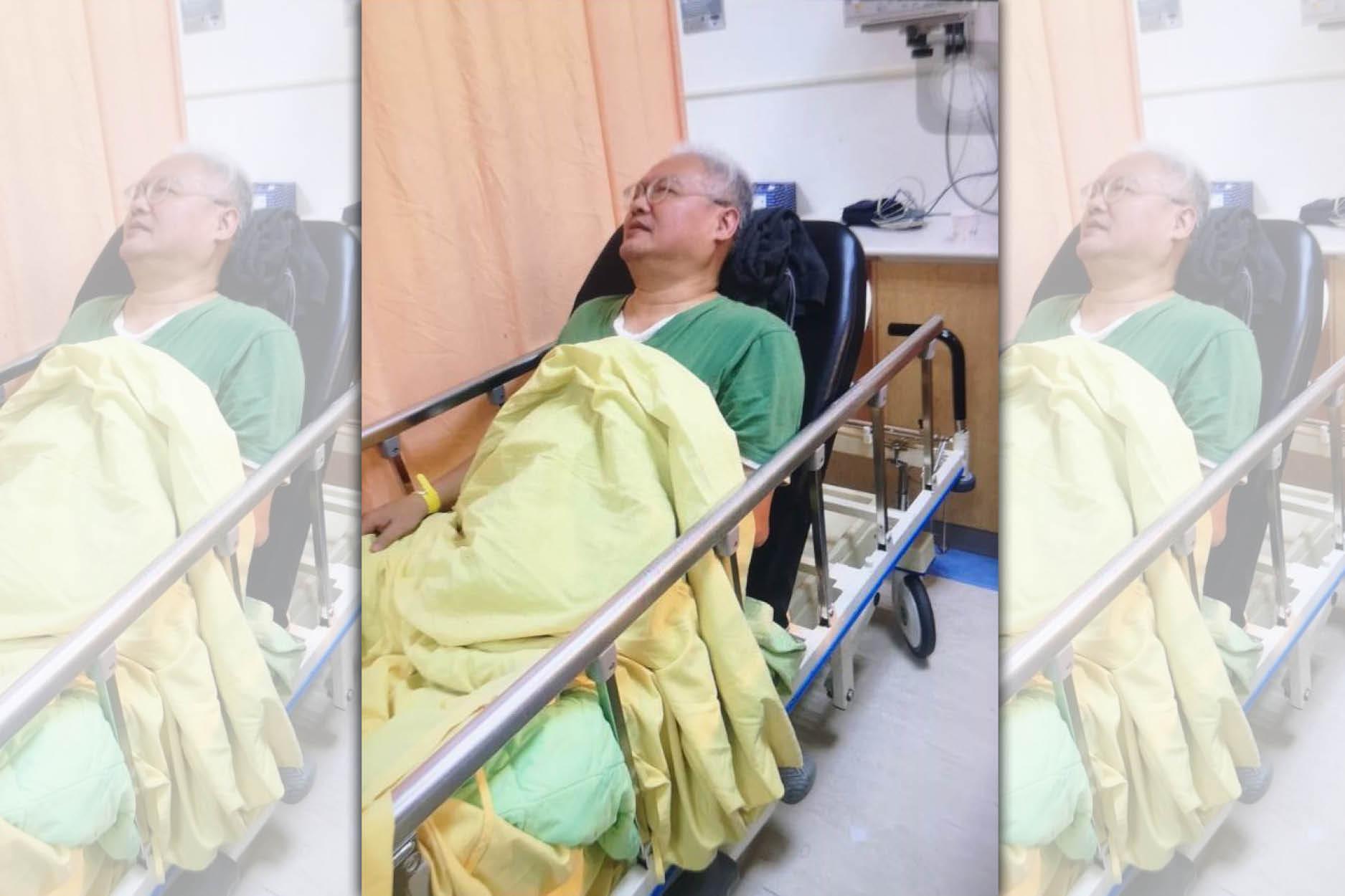 搭公車受傷的范可欽目前在內湖三總急診室。(應曉薇提供)
