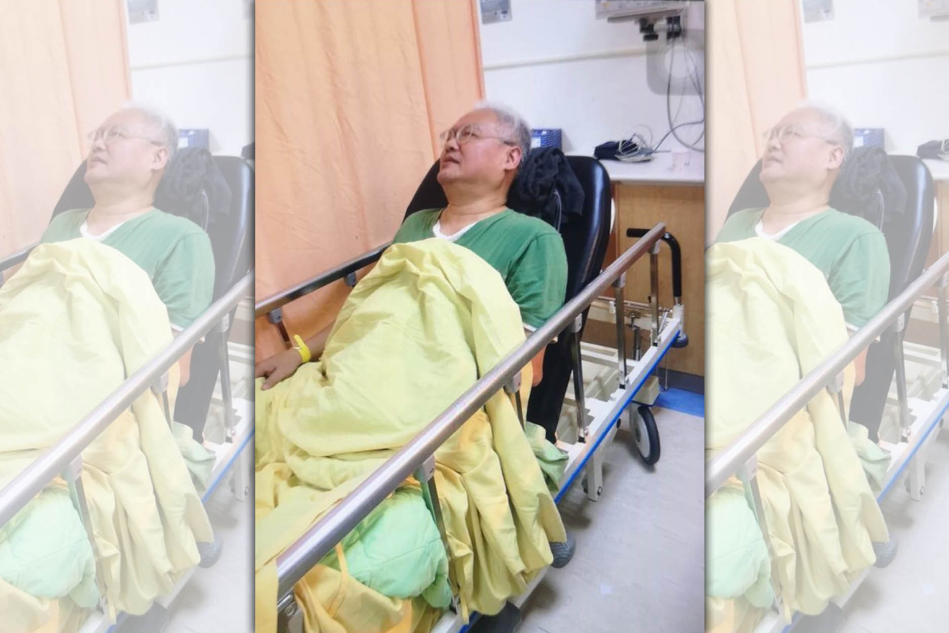 搭公車受傷的范可欽目前在內湖三總急診室。（應曉薇提供）