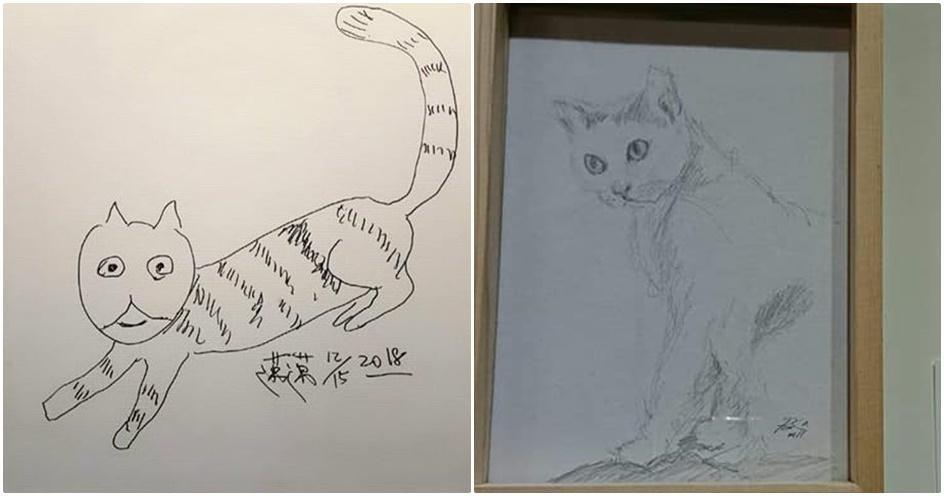 陳其邁在駁二畫下愛貓小米的畫像（左圖），蕭美琴貼文比拚（右圖）。（翻攝陳其邁IG、蕭美琴臉書）