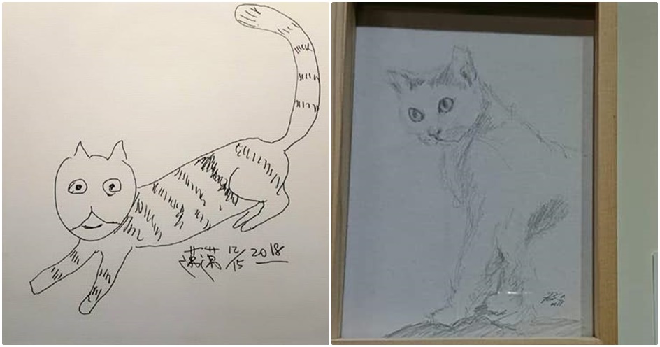 陳其邁在駁二畫下愛貓小米的畫像（左圖），蕭美琴貼文比拚（右圖）。（翻攝陳其邁IG、蕭美琴臉書）