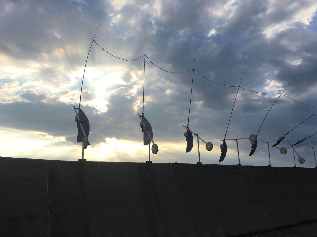 《魚仔》，堤防上的揮竿，隨風搖擺起來降落，很像一整排釣魚的人。