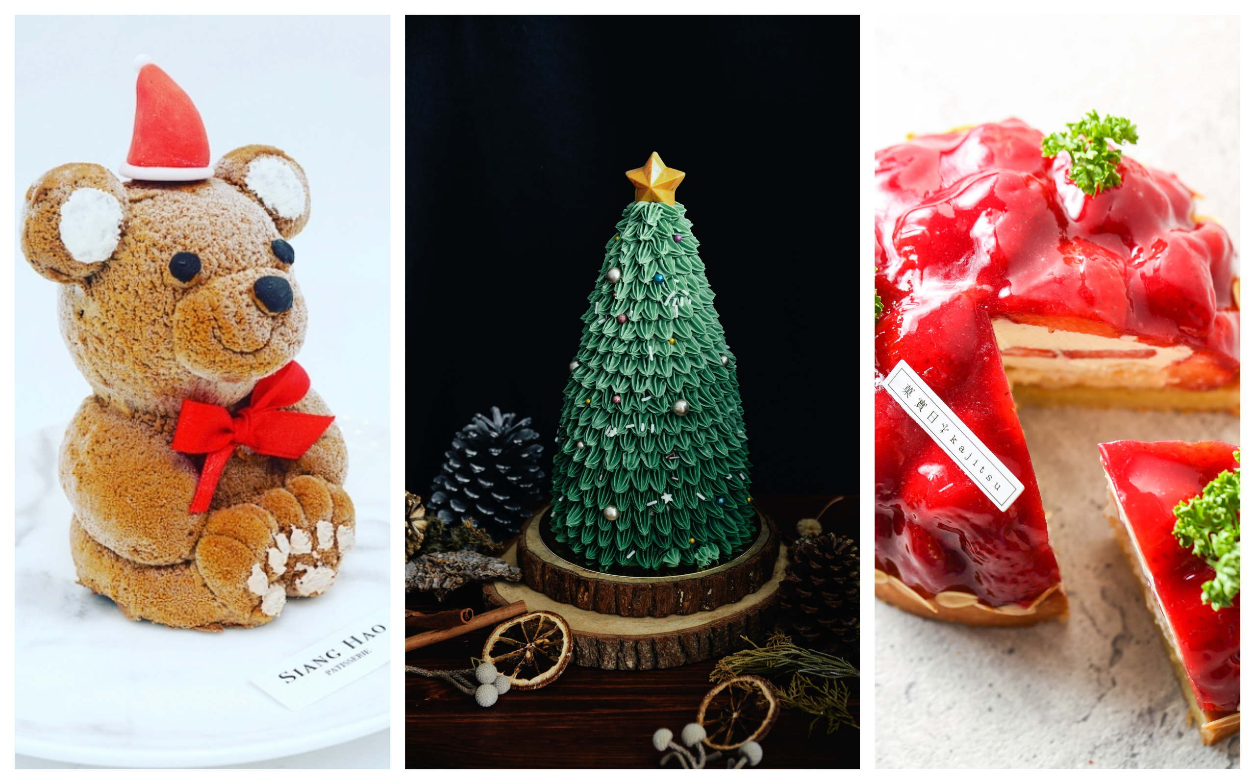 相機先食當道，甜點吸睛好拍是基本，耶誕前準備好你的甜點胃了嗎？（由左至右「小熊蛋糕」「迷你聖誕樹蛋糕」「酸與甜草莓塔」，Siang Hao Patisserie法式甜點、味蕾尖兒、菓實日提供）