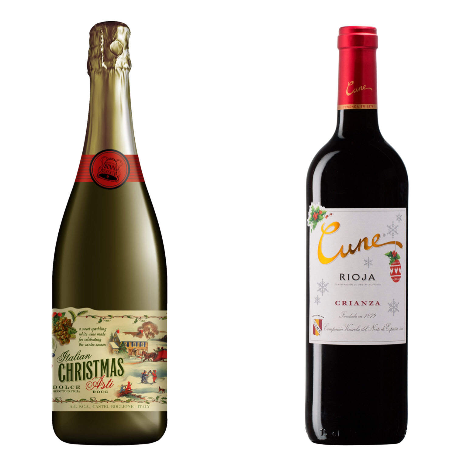 充滿節慶氣氛的「義大利甜蜜耶誕氣泡酒Christmas Asti」（左，680元／瓶）、「西班牙庫尼珍釀耶誕葡萄酒 Cvne Crianza」（800元／瓶）。（茂世企業提供）