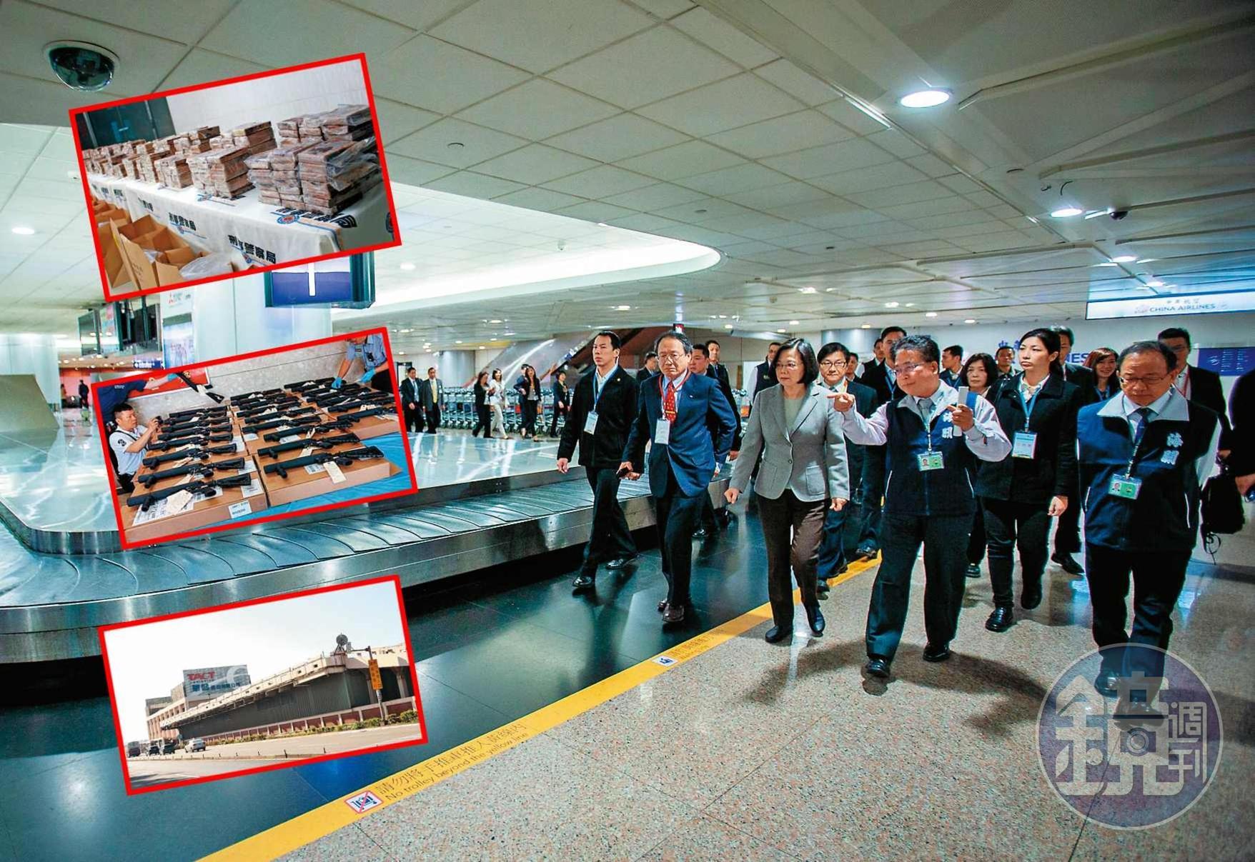 總統蔡英文19日視察桃園機場,宣示防疫和查緝違禁品的決心。但國境管制失靈,槍枝、毒品卻從貨棧倉儲登台。(總統府提供)