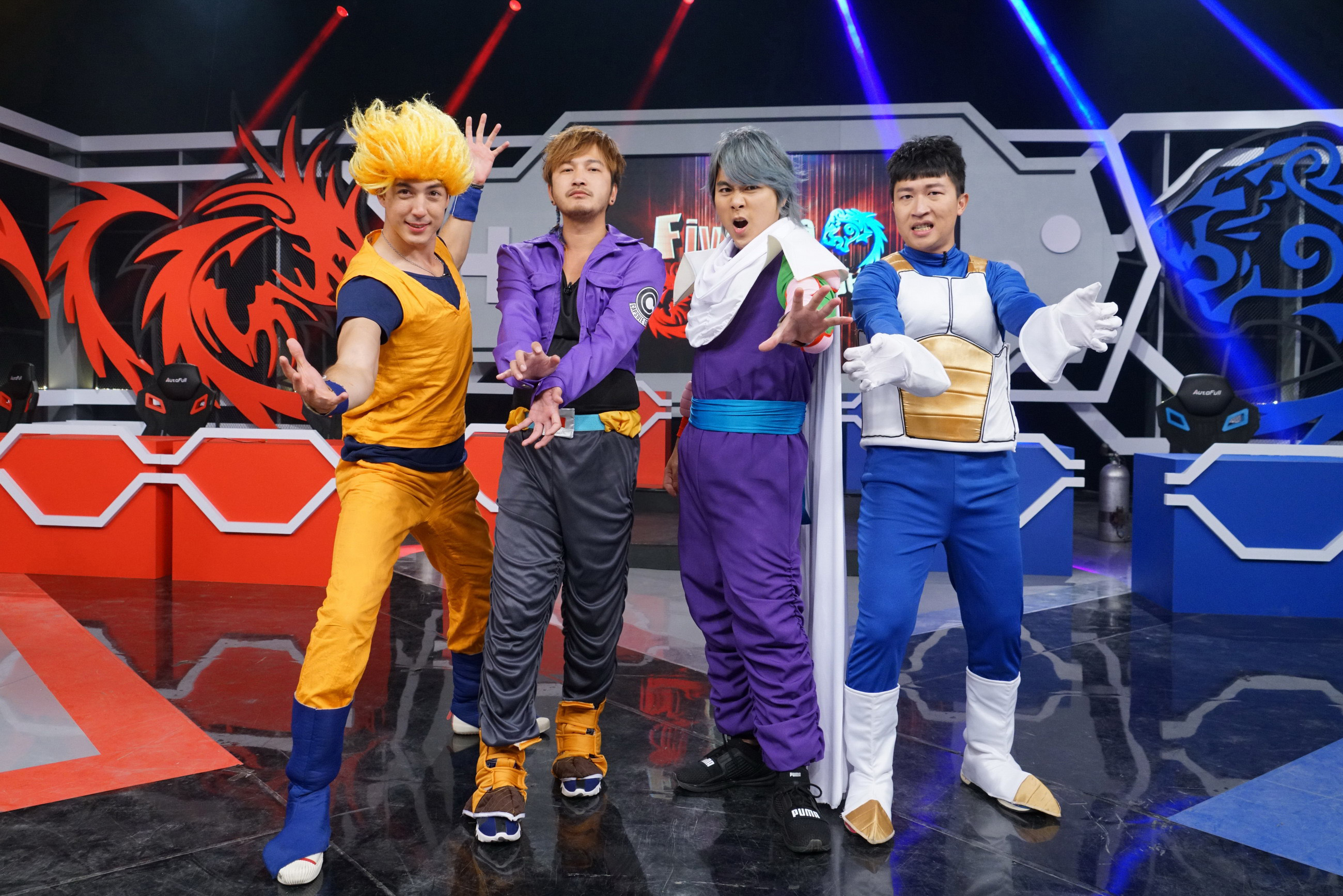 田舞陽(左起)、KID、王仁甫、張立東在《FIVE鬪!龍虎門》節目中扮演七龍珠經典人物。(狼谷娛樂)