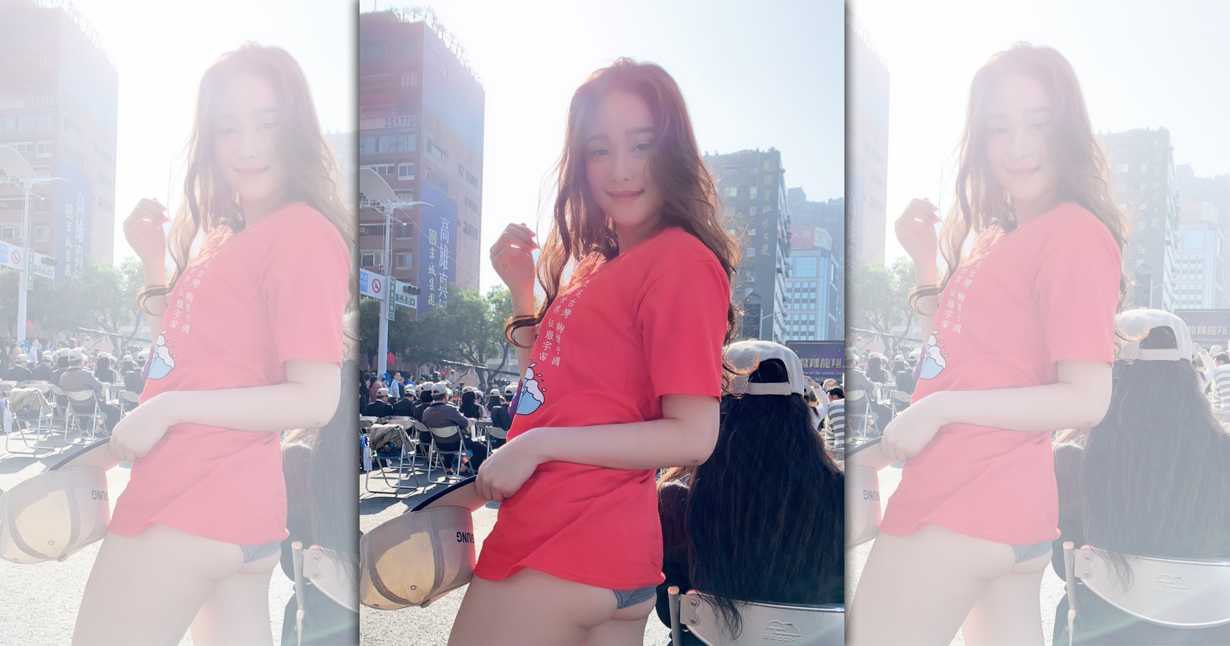 國旗妹章梓薰脫下旗袍，穿熱褲配韓國瑜紅色T恤，照樣火辣。