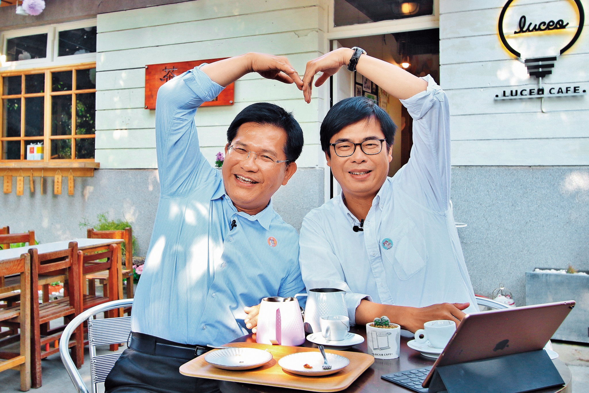 游盈隆點名落選的前台中市長林佳龍、前立委陳其邁都是黨祕書長合適人選，照片為2人21日合體直播。（台中市政府提供）