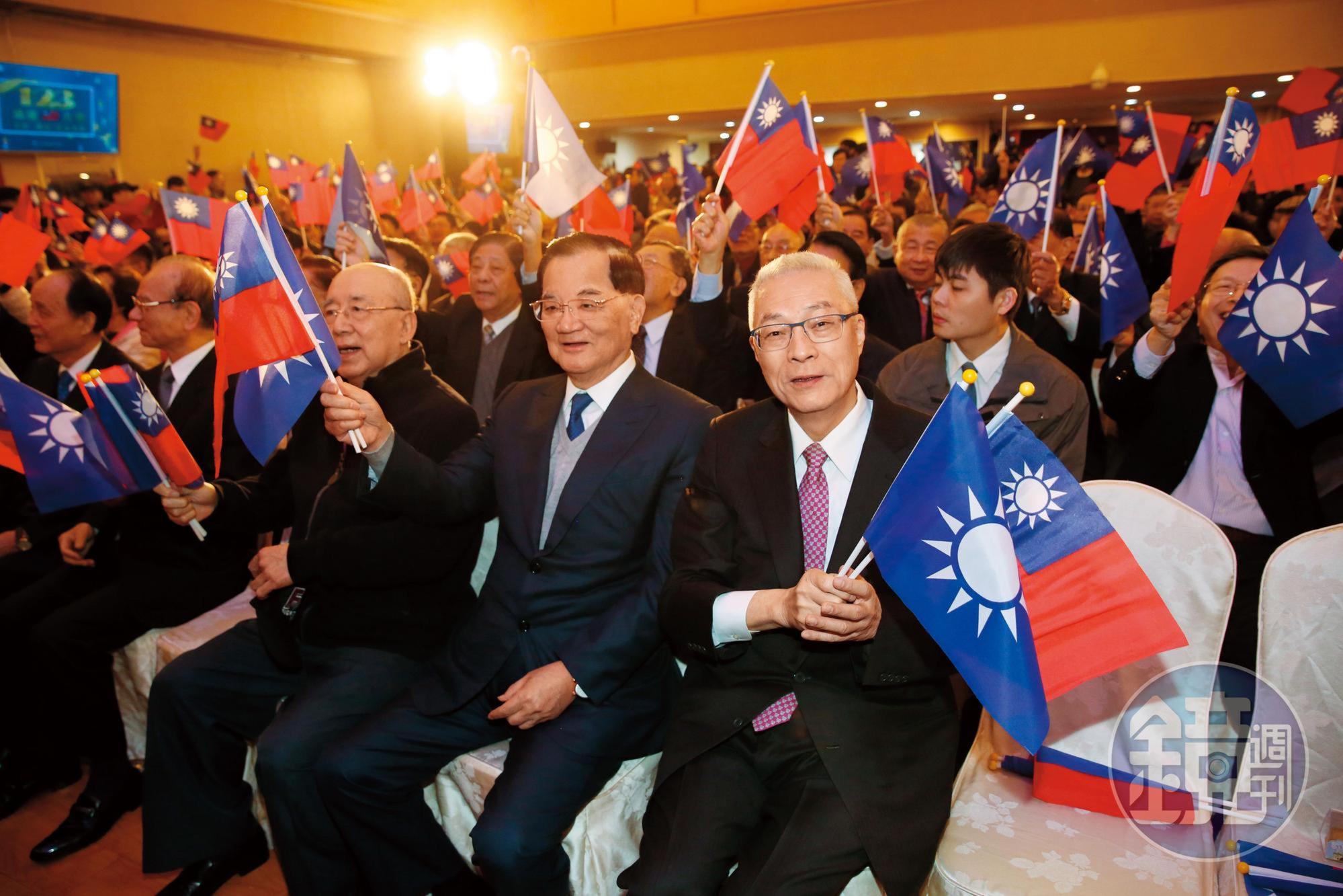 國民黨去年舉辦123週年黨慶,現場旗海飄揚,連戰也開心地與黨主席吳敦義一同揮舞國旗。