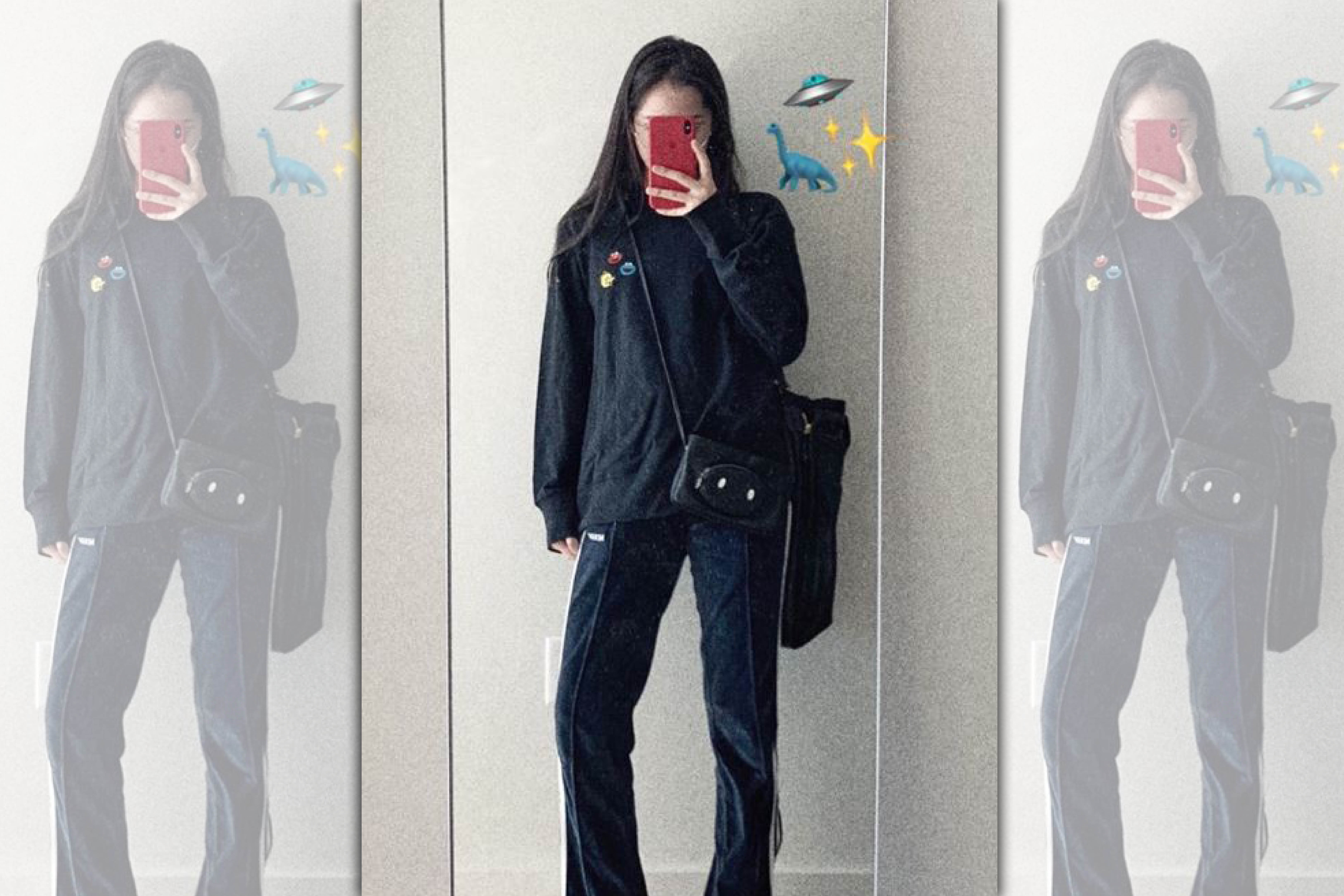 歐陽娜娜配戴Longchamp豬年限定黑色手拿包，展現少女氣質俏皮可愛。〈Longchamp提供〉