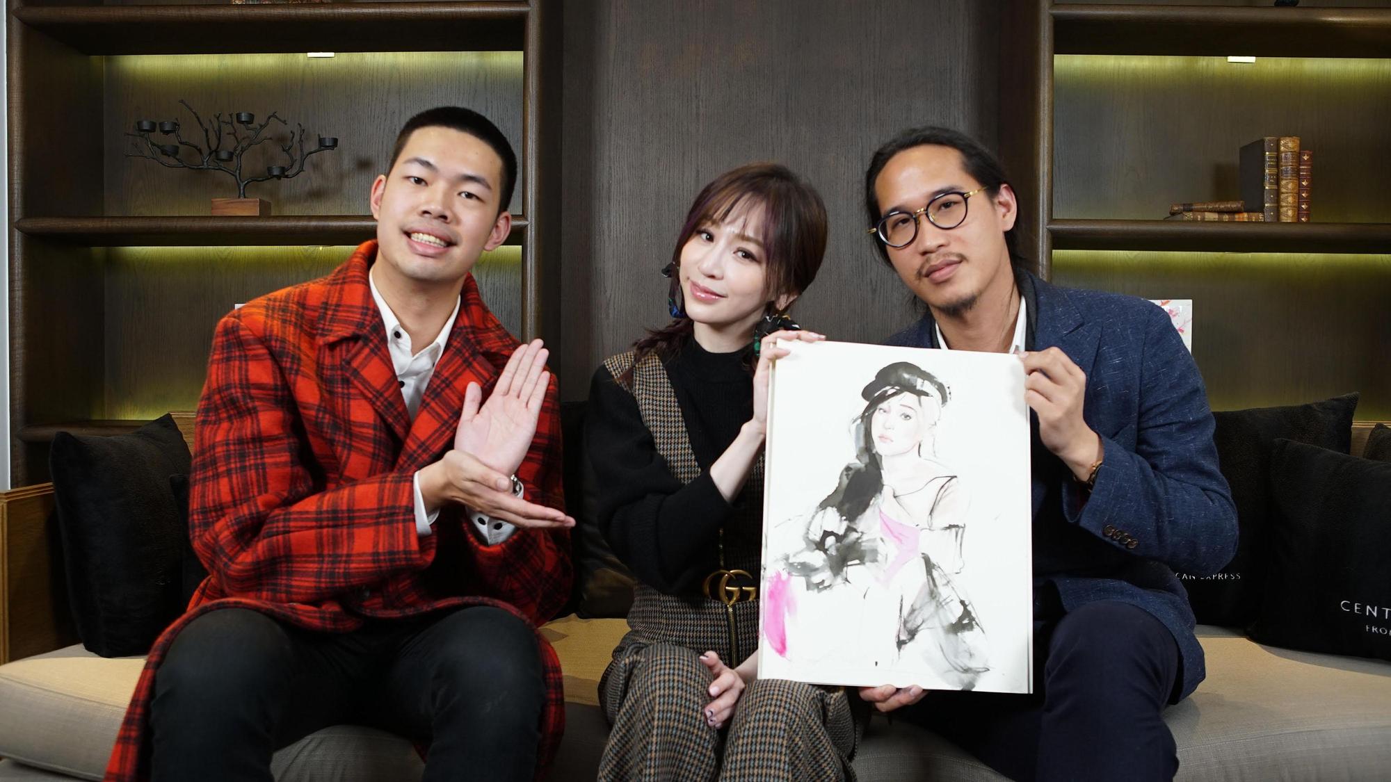 數位音樂串流平台MyMusic主持人陳大天（左起）、王心凌、時尚插畫家Gary，在晶華酒店共度一個愉快的下午。（MyMusic提供）