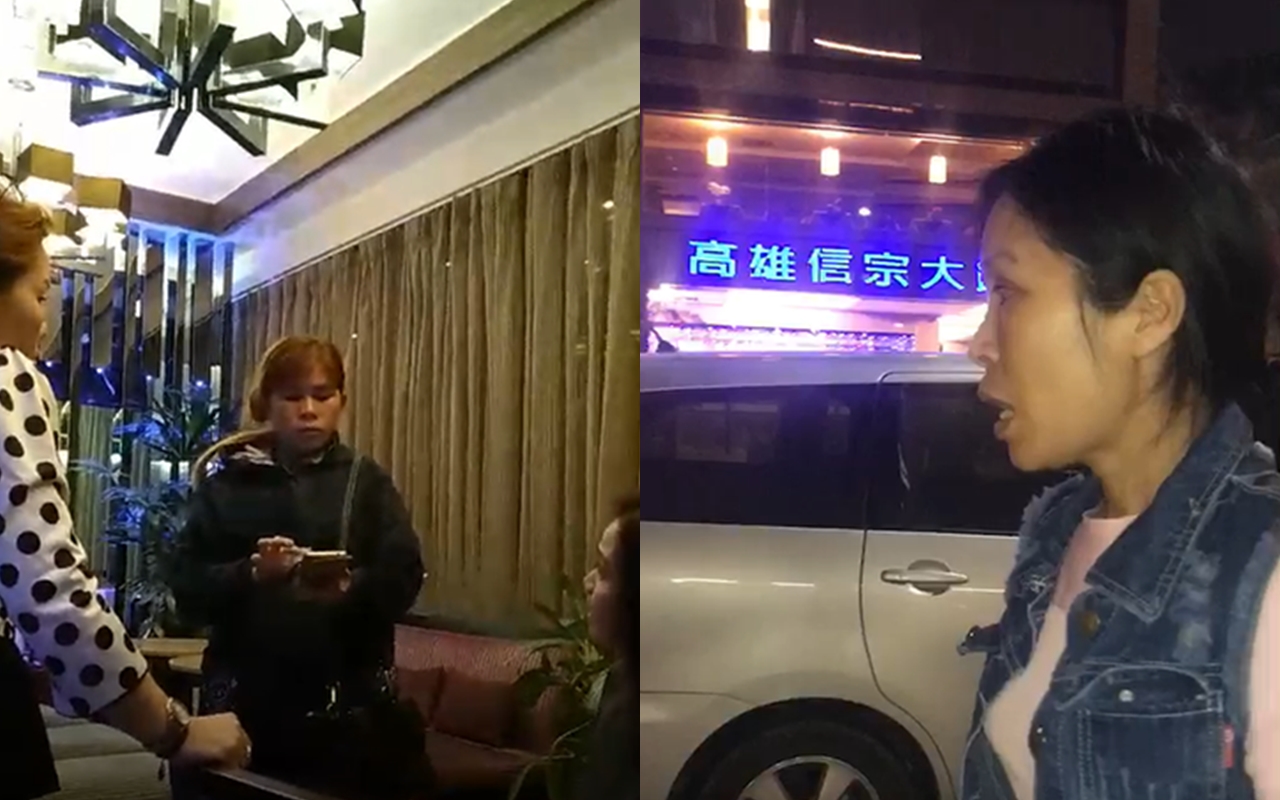 地陪（圖左）苦勸畫面中的遊客不要擅自脫團，但遊客們仍執意離開；右邊畫面中的女子自稱接人到台北，旅行社地陪懷疑是人蛇集團雇傭。（翻攝畫面）