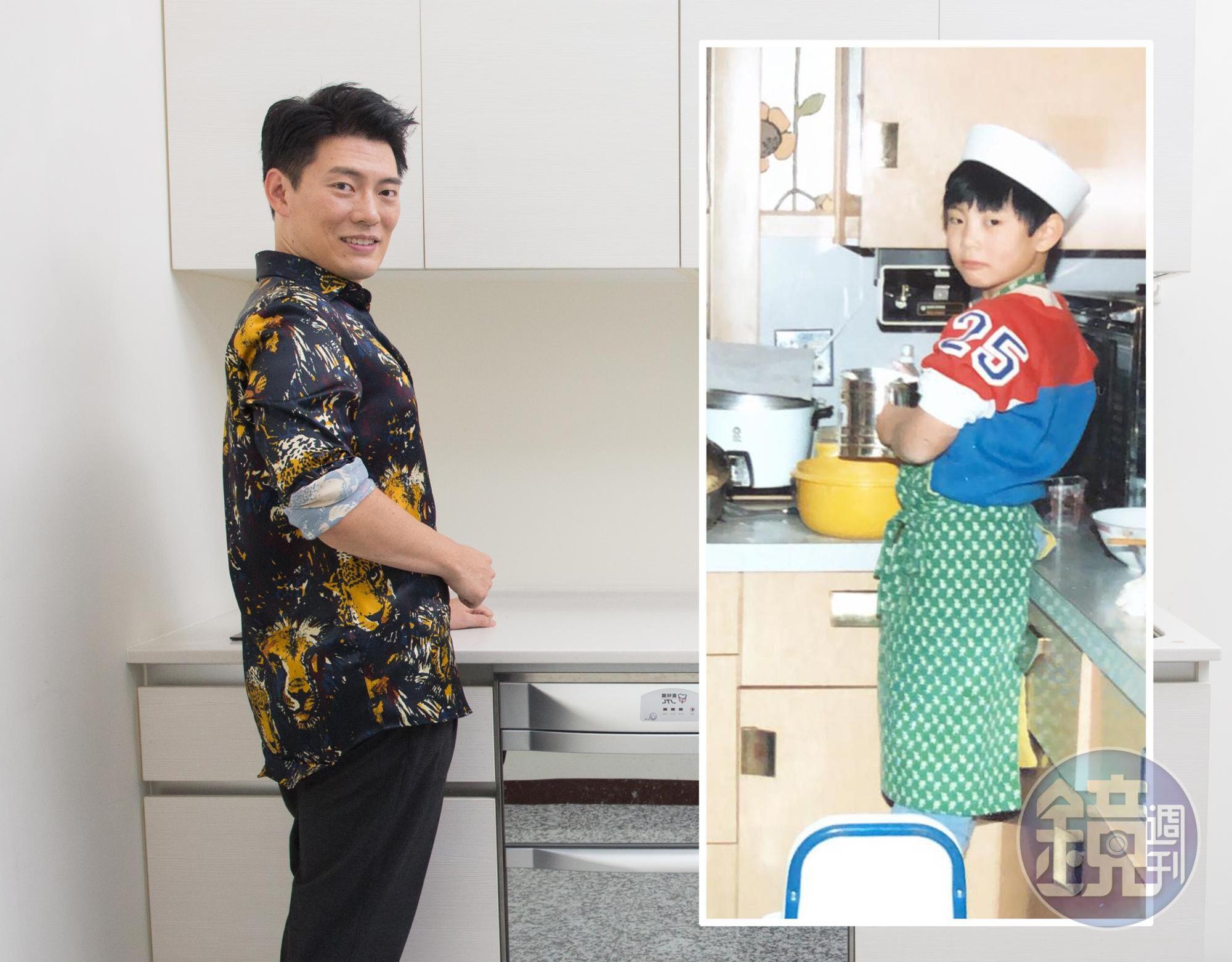 舊照的Jason Wang是小學時在家幫媽媽拌水餃餡（右圖），還煞有其事穿著整套的廚師服。新照（左圖）的Jason Wang穿著他招牌的花襯衫重現當年的姿勢。