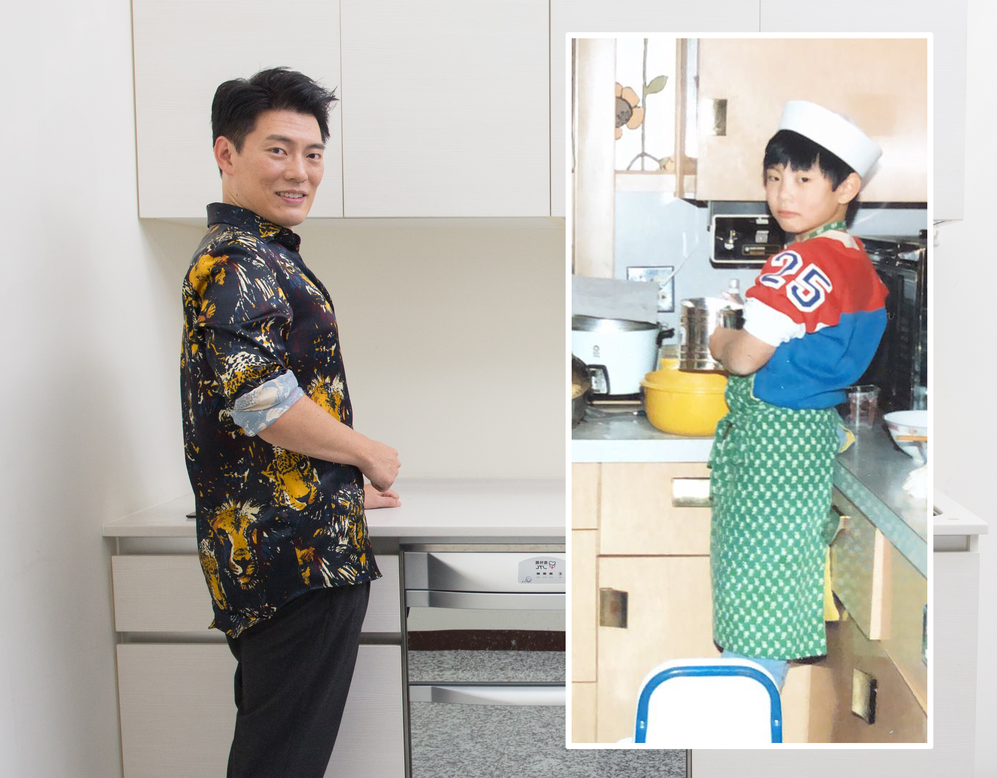 舊照的Jason Wang是小學時在家幫媽媽拌水餃餡（右圖），還煞有其事穿著整套的廚師服。新照（左圖）的Jason Wang穿著他招牌的花襯衫重現當年的姿勢。