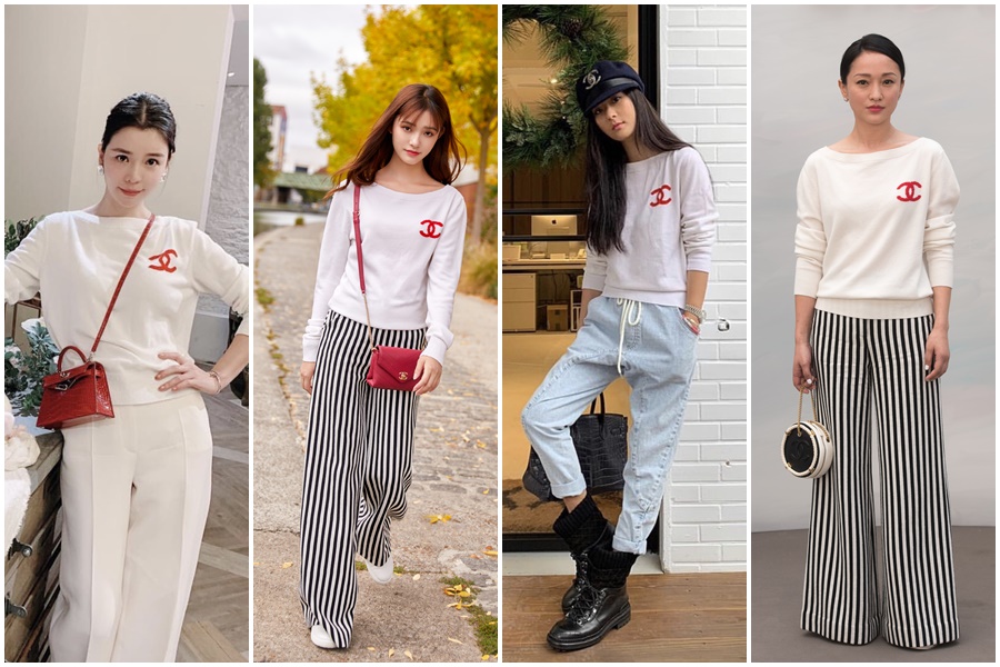 香奈兒的白色針織衫讓李毓芬（左起）、林允、孫芸芸、周迅，來個隔海連環撞。（翻攝自李毓芬IG、孫芸芸IG／東方IC）