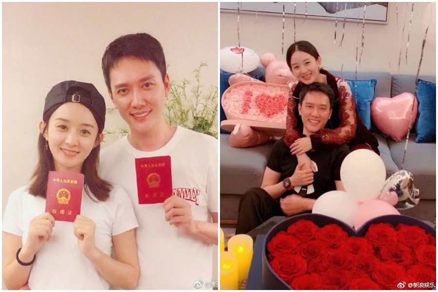 馮紹峰與趙麗穎微博一搭一唱，暗示肚中有孕，將迎來豬寶寶。（翻攝趙麗穎微博）