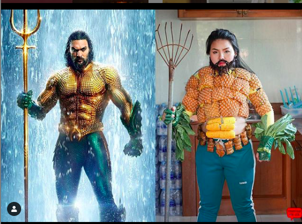 Sine Benjaphorn的水行俠裝扮，要算算上頭有多少食物嗎？（翻攝自framsook_lek_lek IG）