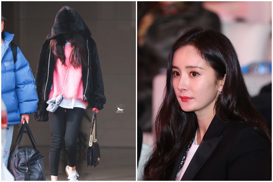 楊冪被拍到現身機場時，頭刻意壓低。（翻攝自微博／東方IC）