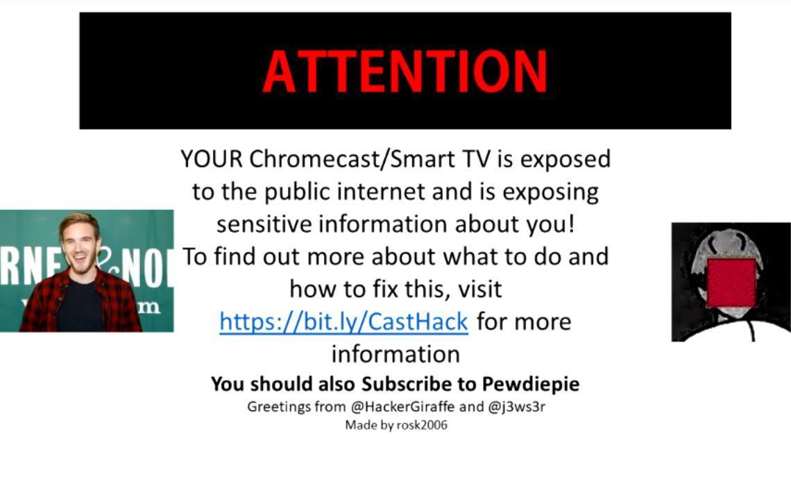 被綁架的影音裝置會出現上述訊息,和時不時跳到 PewDiePie 的頻道。