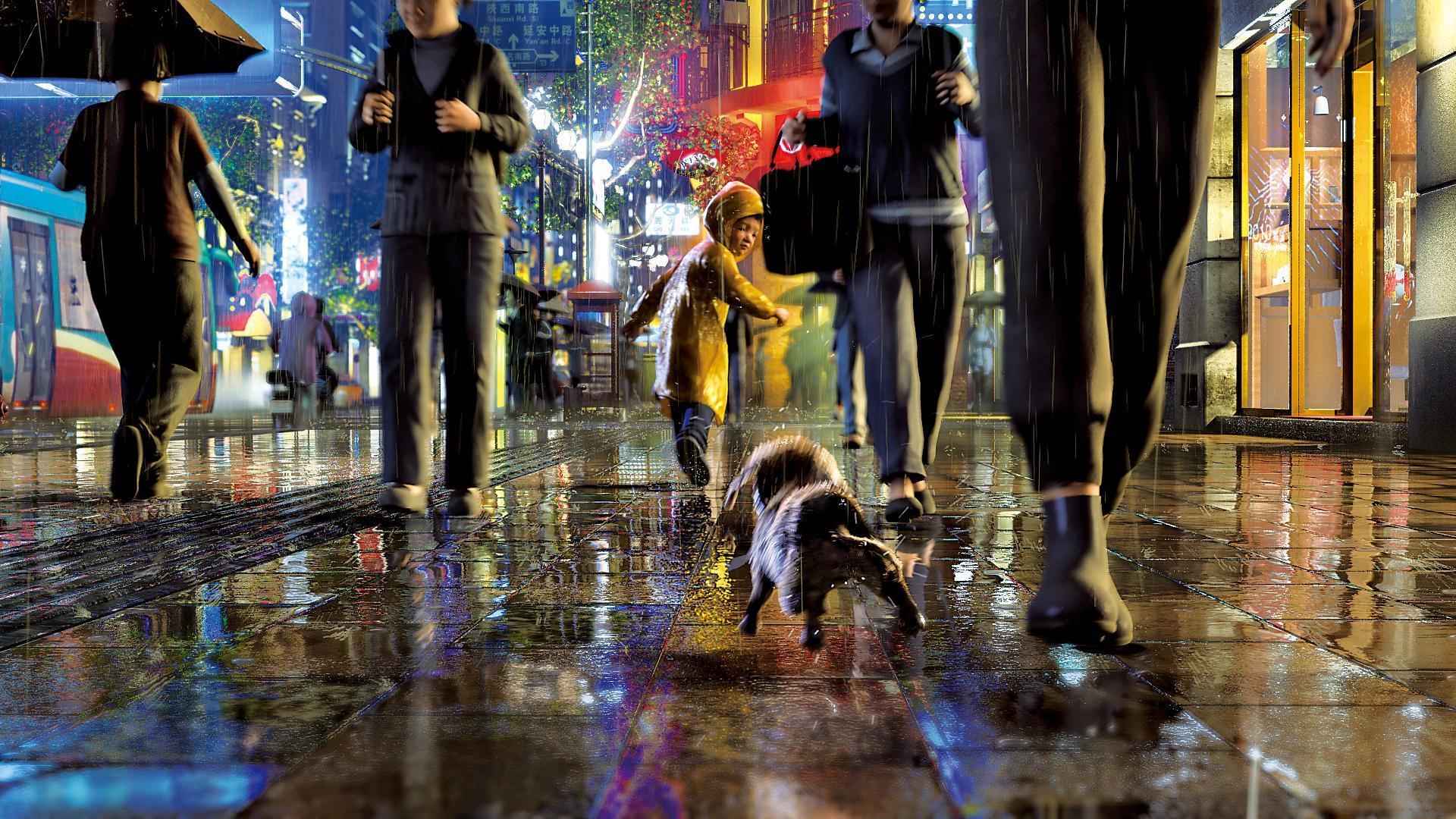 都市夜雨的景觀、小狗奔跑的動作、男孩身上雨衣的水光，都透過3D動畫技術展現。（A-hha Studio提供）