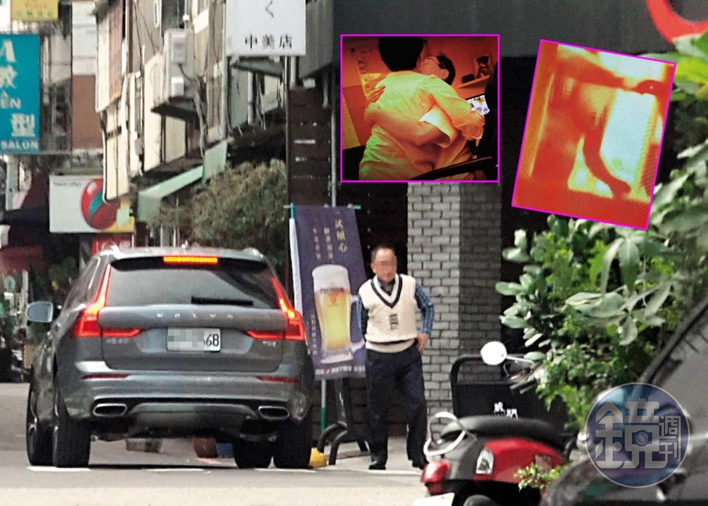 台中知名牙醫豐富與小三在診所偷情被逮，和小四在佛堂做愛的影像也被流出，圖為豐富鬼鬼祟祟上了一名女子的車輛，進行午餐約會。