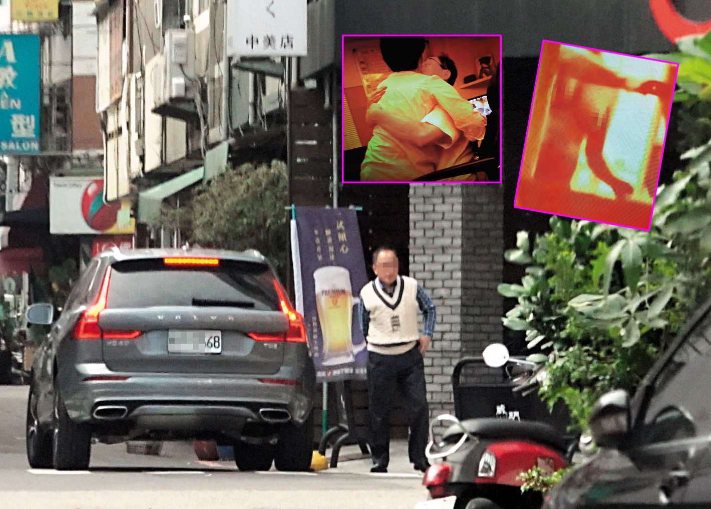 台中知名牙醫豐富與小三在診所偷情被逮，和小四在佛堂做愛的影像也被流出，圖為豐富鬼鬼祟祟上了一名女子的車輛，進行午餐約會。