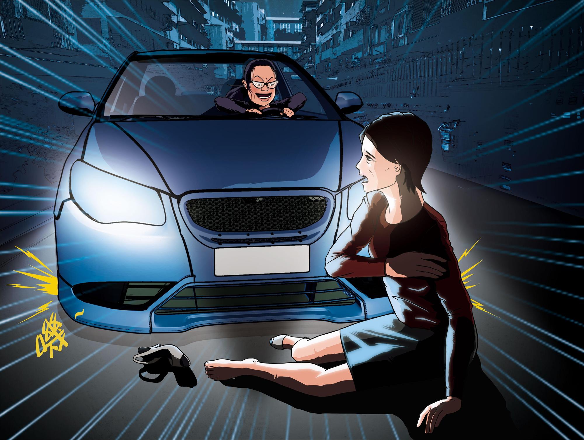 潘女曾駕車衝到元配身旁才緊急煞車,將她嚇得跌倒。(圖為示意畫面)