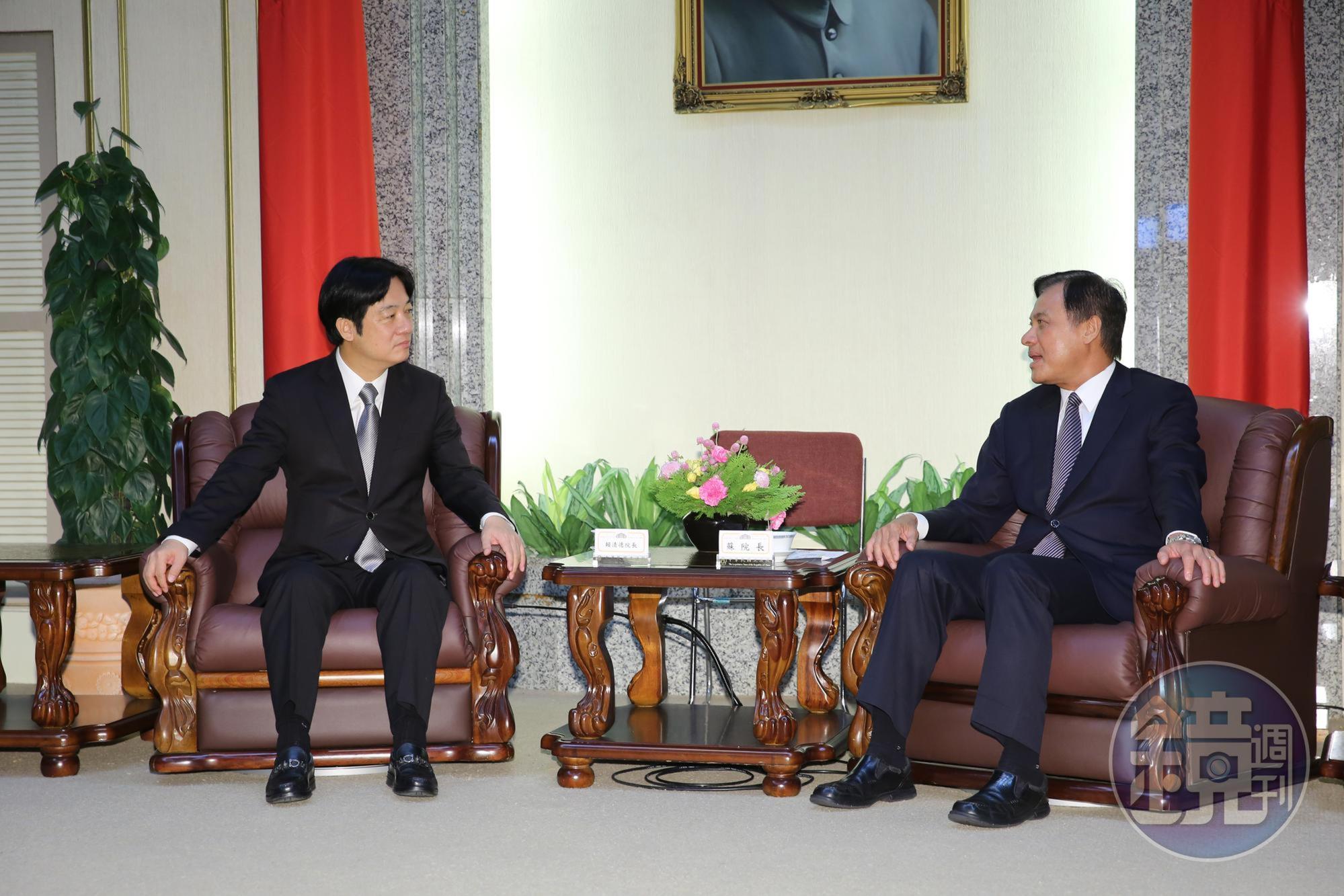 行政院長賴清德與立法院長蘇嘉全，今天再度針對選區劃分變動議題進行協商。