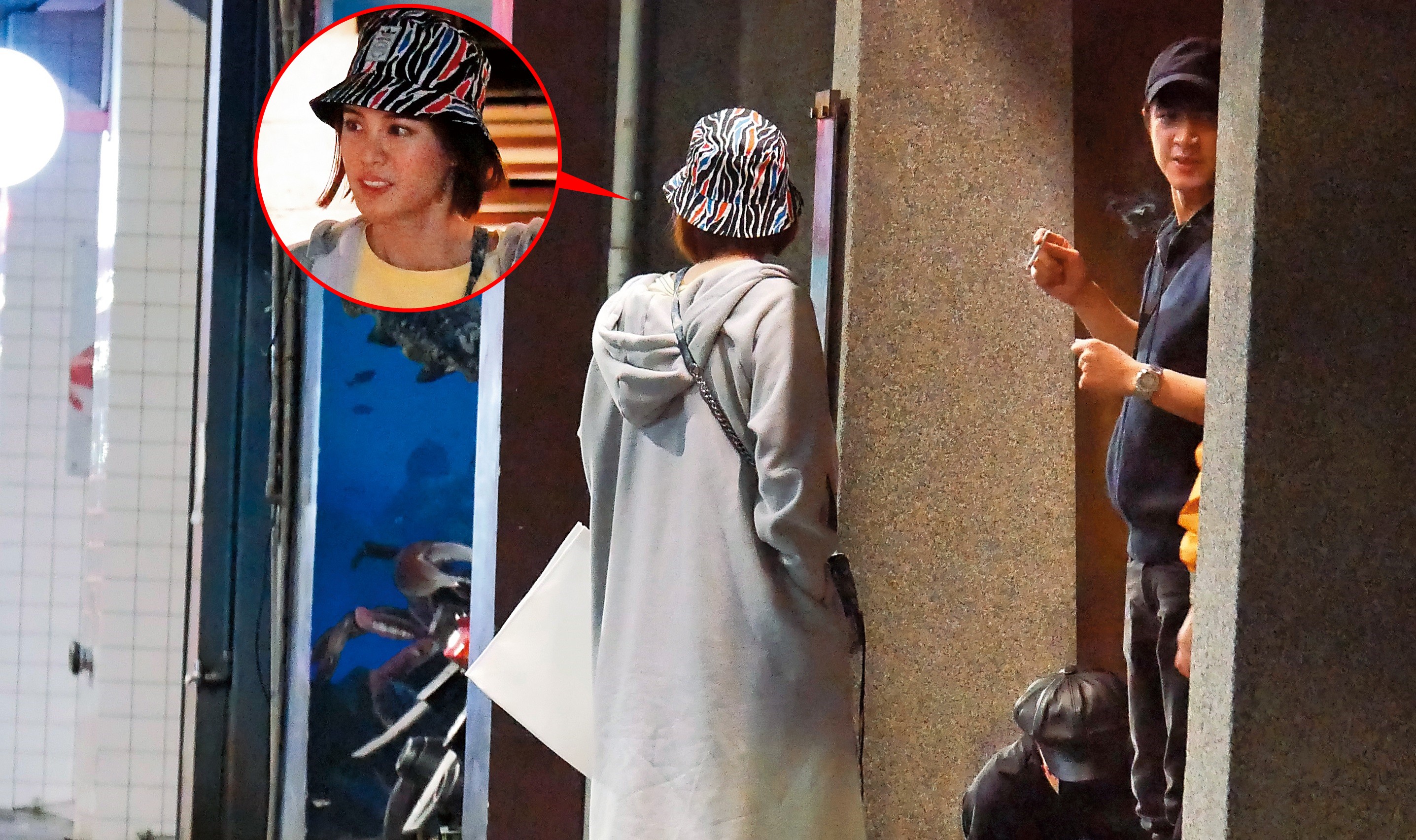 12月27日04:17，酒足飯飽，林更新和男性友人先外出解菸癮，戴著漁夫帽、長相清秀的新女友在旁等候，左手拿著白提袋。