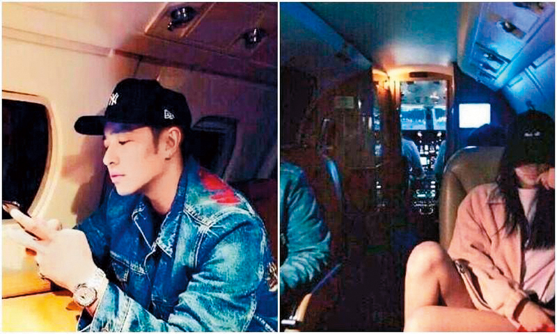 Luna在飛機上自拍，畫面左邊有男性手臂，再對比潘瑋柏的照片，衣著相似，意外露餡。（翻攝自潘瑋柏、Luna IG）